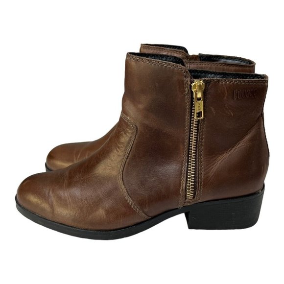 Cougar Boots Womens 7M Brown Leather Gold Tone Zip Almond Toe Block Ankle Shaft - Picture 2 of 10